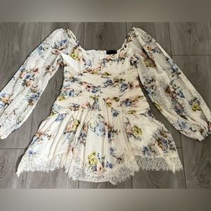 ASOS DESIGN Cream Floral Print Long Sleeve Mini Dress With Lace Trim Size 8 NWT